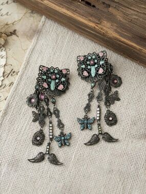 Banana Bob Swarovski Clip Earrings Vintage Filigree Butterfly Charm Dangle